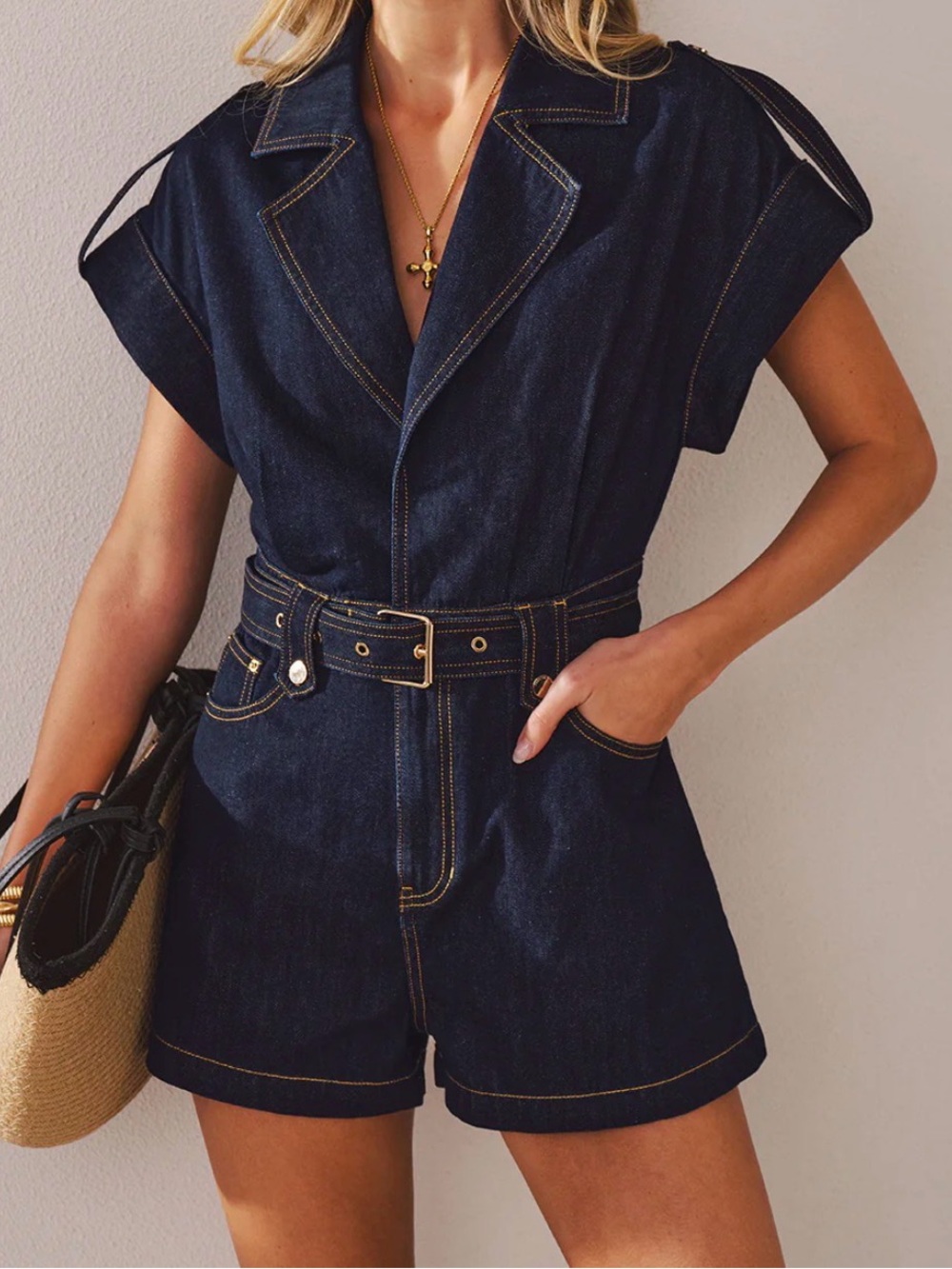 Commense Dark Blue Denim Short Sleeve Romper with Belt